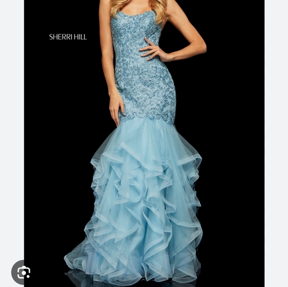 Size 12 (tag 14) light blue lace up crystal lace layered mermaid gownSherri Hill - Picture 1 of 9